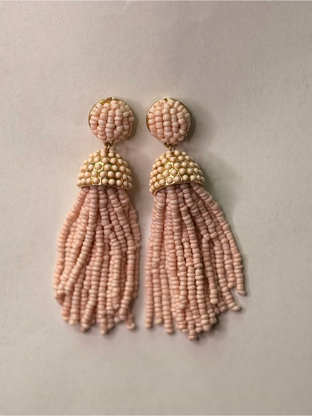 BaubleBar Statement Blush Pink Beaded Tassel Drop Earrings Gold Tone Fringe Boho